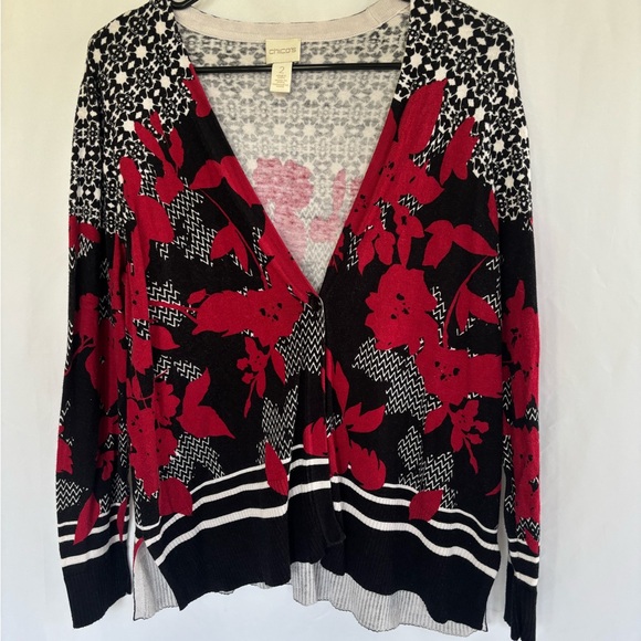 Chico's Sweaters - Chico’s Floral Red Black White sweater Cardigan 2